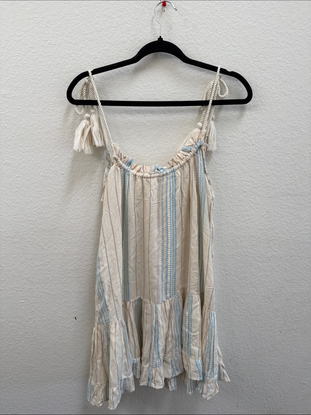 Elan Cream Dress with Light Blue and Lavender Stripes